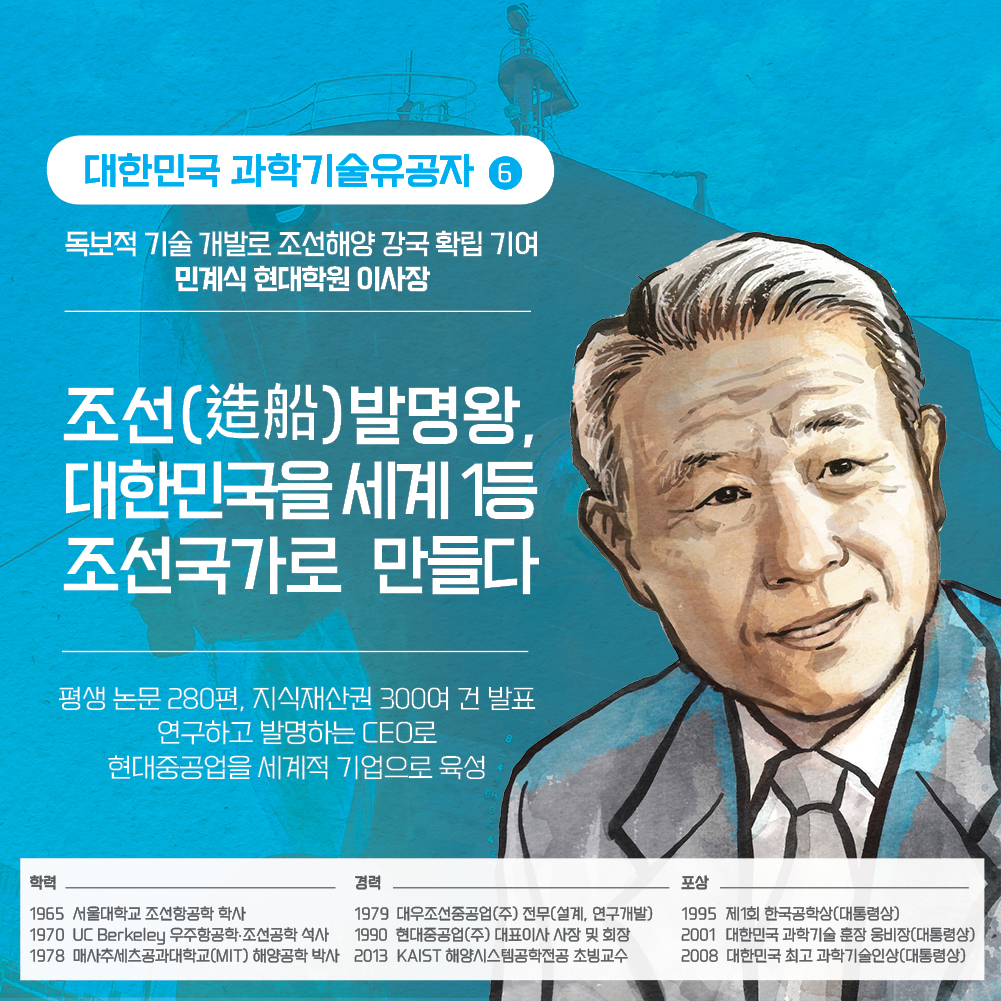 대한민국 과학기술유공자6 독보적 기술 개발로 조선해양 강국 확립 기여 민계식 현대학원 이사장 - 조선(造船)발명왕, 대한민국을 세계 1등 조선국가로 만들다 - 평생 논문 280편, 지식재산권 300여 건 발표 - 연구하고 발명하는 CEO로 현대중공업을 세계적 기업으로 육성