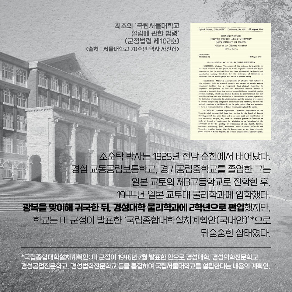 조순탁 박사는 1925년 전남 순천에서 태어났다. 경성 교동공립보통학교, 경기공립중학교를 졸업한 그는 일본 교토의 제3고등학교로 진학한 후, 1944년 일본 교토대 물리학과에 입학했다. 광복을 맞이해 귀국한 뒤, 경성대학 물리학과에 2학년으로 편입했지만, 학교는 미 군정이 발표한 ‘국립종합대학 설치계획안(국대안)’*으로 뒤숭숭한 상태였다.  *국립종합대학 설치계획안: 미 군정이 1946년 7월 발표한 안으로 경성대학, 경성의학전문학교, 경성공업전문학교, 경성법학전문학교 등을 통합하여 국립서울대학교를 설립한다는 내용의 계획안.