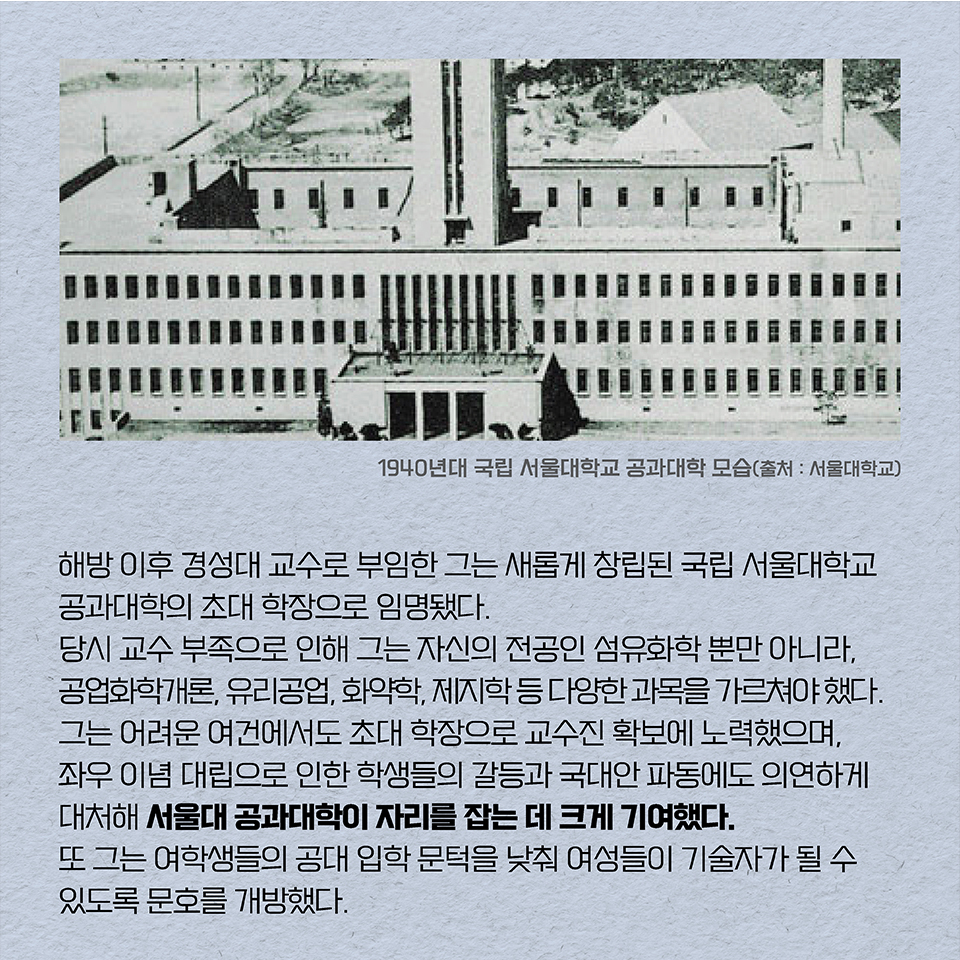 해방 이후 경성대 교수로 부임한 그는 새롭게 창립된 국립 서울대학교 공과대학의 초대 학장으로 임명됐다. 당시 교수 부족으로 인해 그는 자신의 전공인 섬유화학 뿐만 아니라,
공업화학개론, 유리공업, 화약학, 제지학 등 다양한 과목을 가르쳐야 했다. 
그는 어려운 여건에서도 초대 학장으로 교수진 확보에 노력했으며, 좌우 이념 대립으로 인한 학생들의 갈등과 국대안 파동에도 의연하게 대처해 서울대 공과대학이 자리를 잡는 데 크게 기여했다. 또 그는 여학생들의 공대 입학 문턱을 낮춰 여성들이 기술자가 될 수 있도록 문호를 개방했다.