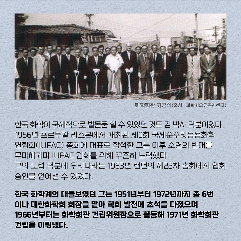 한국 화학이 국제적으로 발돋움 할 수 있었던 것도 김 박사 덕분이었다. 
1956년 포르투갈 리스본에서 개최된 제9회 국제순수및응용화학연합회(IUPAC) 총회에 대표로 참석한 그는 이후 소련의 반대를 무마해가며 IUPAC 입회를 위해 꾸준히 노력했다.
그의 노력 덕분에 우리나라는 1963년 런던의 제22차 총회에서 입회 승인을 얻어낼 수 있었다. 
한국 화학계의 대들보였던 그는 1951년부터 1972년까지 총 6번이나 대한화학회 회장을 맡아 학회 발전에 초석을 다졌으며 1966년부터는 화학회관 건립위원장으로 활동해 1971년 화학회관 건립을 이뤄냈다.