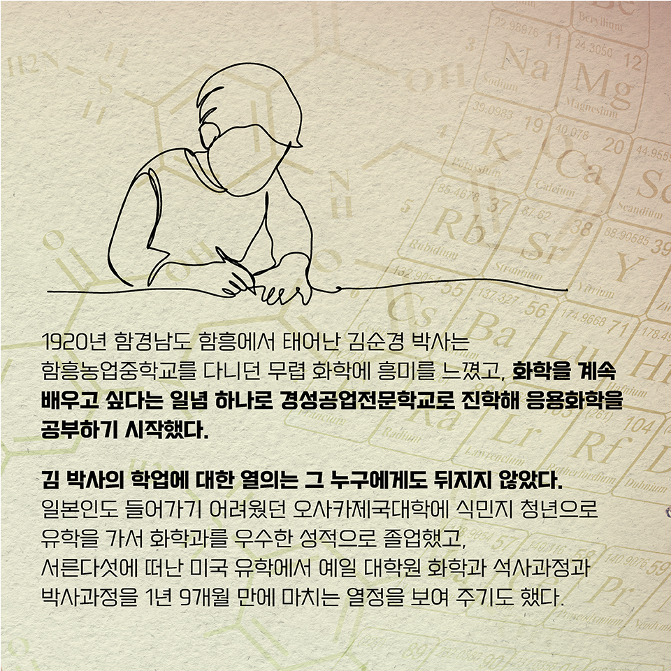 1920년 함경남도 함흥에서 태어난 김순경 박사는 함흥농업중학교를 다니던 무렵 화학에 흥미를 느꼈고, 화학을 계속 배우고 싶다는 일념 하나로 경성공업전문학교로 진학해 응용화학을 공부하기 시작했다. 김 박사의 학업에 대한 열의는 그 누구에게도 뒤지지 않았다. 
일본인도 들어가기 어려웠던 오사카제국대학에 식민지 청년으로 유학을 가서 화학과를 우수한 성적으로 졸업했고, 서른다섯에 떠난 미국 유학에서 예일 대학원 화학과 석사과정과 박사과정을 1년 9개월 만에 마치는 열정을 보여 주기도 했다. 