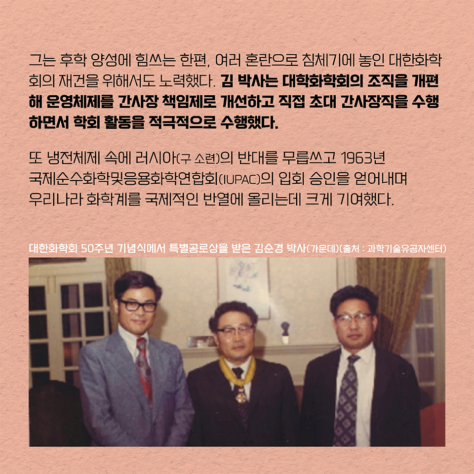 그는 후학 양성에 힘쓰는 한편, 여러 혼란으로 침체기에 놓인 대한화학회의 재건을 위해서도 노력했다. 김 박사는 대학화학회의 조직을 개편해 운영체제를 간사장 책임제로 개선하고 직접 초대 간사장직을 수행하면서 학회 활동을 적극적으로 수행했다. 
또 냉전체제 속에 러시아(구 소련)의 반대를 무릅쓰고 1963년 국제순수화학및응용화학연합회(IUPAC)의 입회 승인을 얻어내며 우리나라 화학계를 국제적인 반열에 올리는데 크게 기여했다.