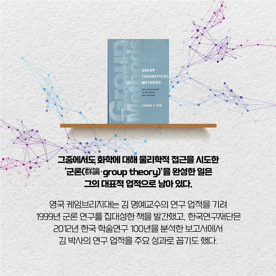 그중에서도 화학에 대해 물리학적 접근을 시도한 ‘군론(群論·group theory)’을 완성한 일은 그의 대표적 업적으로 남아 있다. 영국 케임브리지대는 김 명예교수의 연구 업적을 기려 1999년 군론 연구를 집대성한 책을 발간했고, 한국연구재단은 2012년 한국 학술연구 100년을 분석한 보고서에서 김 박사의 연구 업적을 주요 성과로 꼽기도 했다.