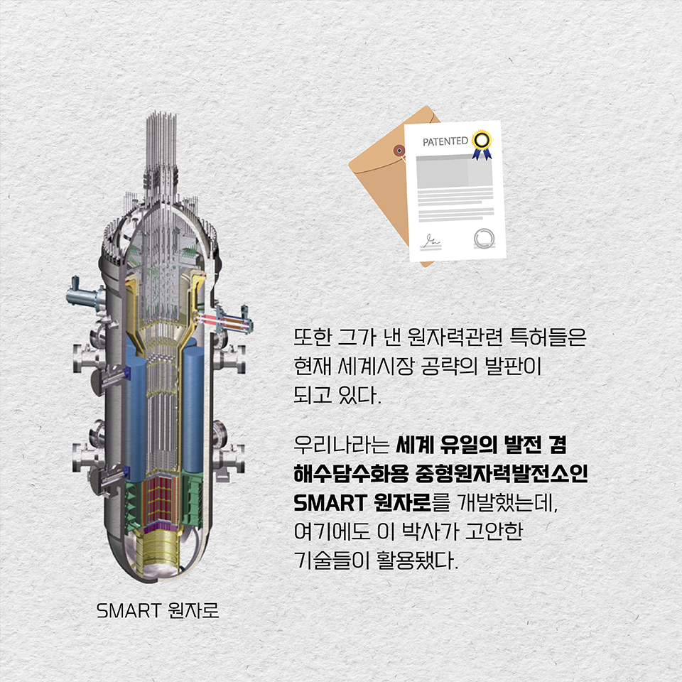 또한 그가 낸 원자력관련 특허들은 현재 세계시장 공략의 발판이 되고 있다. 우리나라는 세계 유일의 발전 겸 해수담수화용 중형원자력발전소인 SMART 원자로를 개발했는데, 여기에도 이 박사가 고안한 기술들이 활용됐다. 