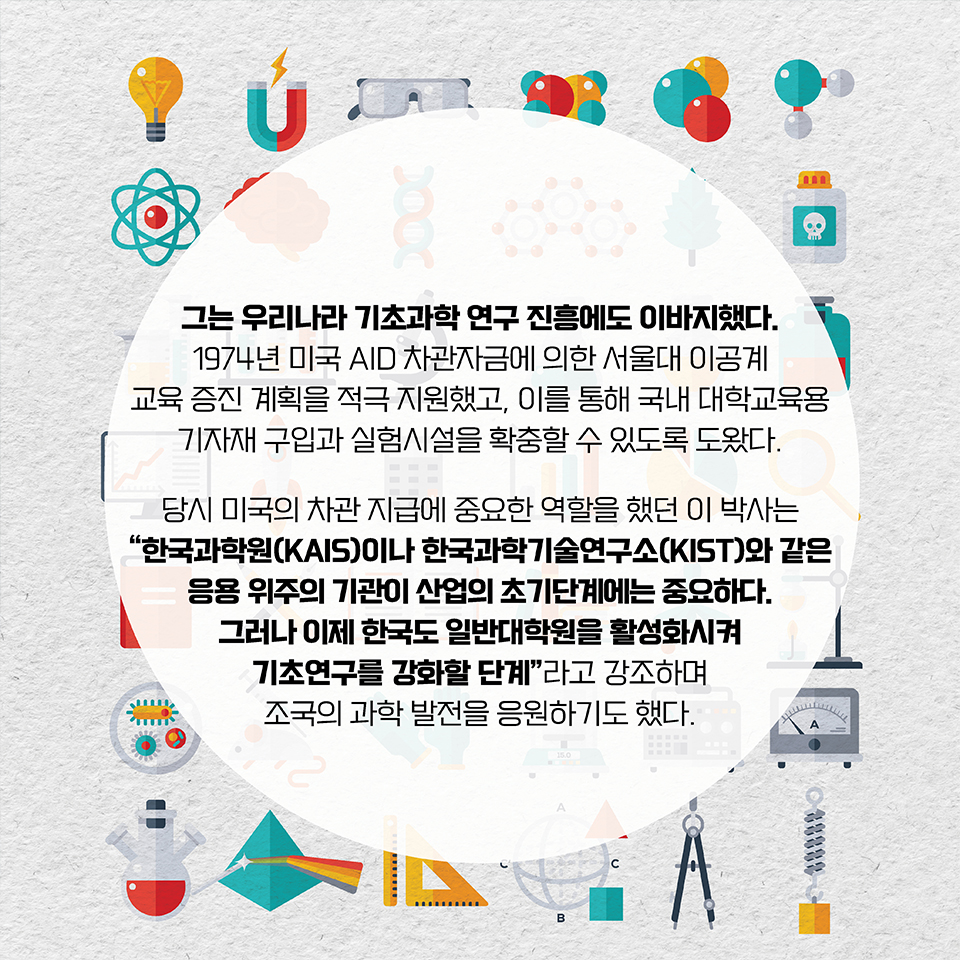 그는 우리나라 기초과학 연구 진흥에도 이바지했다. 1974년 미국 AID 차관자금에 의한 서울대 이공계 교육 증진 계획을 적극 지원했고, 이를 통해 국내 대학교육용 기자재 구입과 실험시설을 확충할 수 있도록 도왔다. 당시 미국의 차관 지급에 중요한 역할을 했던 이 박사는 