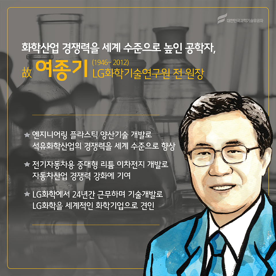 화학산업 경쟁력을 세계 수준으로 높인 공학자, 故여종기(1946~2012)
소속 : LG화학기술연구원 전 원장 
○ 엔지니어링 플라스틱 양산기술 개발로 석유화학산업의 경쟁력을 세계 수준으로 향상
○ 전기자동차용 중대형 리튬 이차전지 개발로 자동차산업 경쟁력 강화에 기여
○ LG화학에서 24년간 근무하며 기술개발로 LG화학을 세계적인 화학기업으로 견인