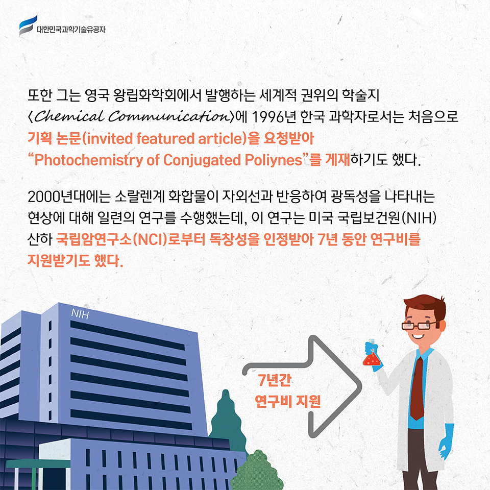 또한 그는 영국 왕립화학회에서 발행하는 세계적 권위의 학술지 Chemical Communication에 1996년 한국 과학자로서는 처음으로 기획 논문(invited featured article)을 요청받아 “Photochemistry of Conjugated Poliynes”를 게재하기도 했다.     
    2000년대에는 소랄렌계 화합물이 자외선과 반응하여 광독성을 나타내는 현상에 대해 일련의 연구를 수행했는데, 이 연구는 미국 국립보건원(NIH) 산하 국립암연구소(NCI)로부터 독창성을 인정받아 7년 동안 연구비를 지원받기도 했다.
    7년간 연구비 지원