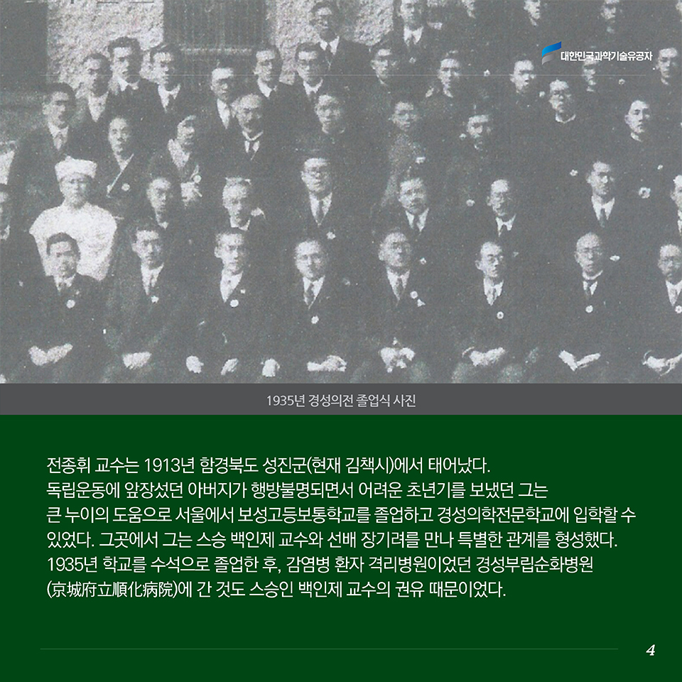 전종휘 교수는 1913년 함경북도 성진군(현재 김책시)에서 태어났다. 독립운동에 앞장섰던 아버지가 행방불명되면서 어려운 초년기를 보냈던 그는 큰 누이의 도움으로 서울에서 보성고등보통학교를 졸업하고 경성의학전문학교에 입학할 수 있었다. 그곳에서 그는 스승 백인제 교수와 선배 장기려를 만나 특별한 관계를 형성했다. 1935년 학교를 수석으로 졸업한 후, 감염병 환자 격리병원이었던 경성부립순화병원(京城府立順化病院)에 간 것도 스승인 백인제 교수의 권유 때문이었다. 