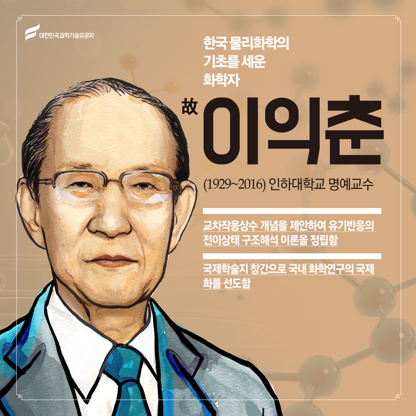 한국 물리화학의 기초를 세운 화학자 
(화학) 故 이익춘(1929~2016) 인하대학교 명예교수
 교차작용상수 개념을 제안하여 유기반응의 전이상태 구조해석 이론을 정립함
 국제학술지 창간으로 국내 화학연구의 국제화를 선도함