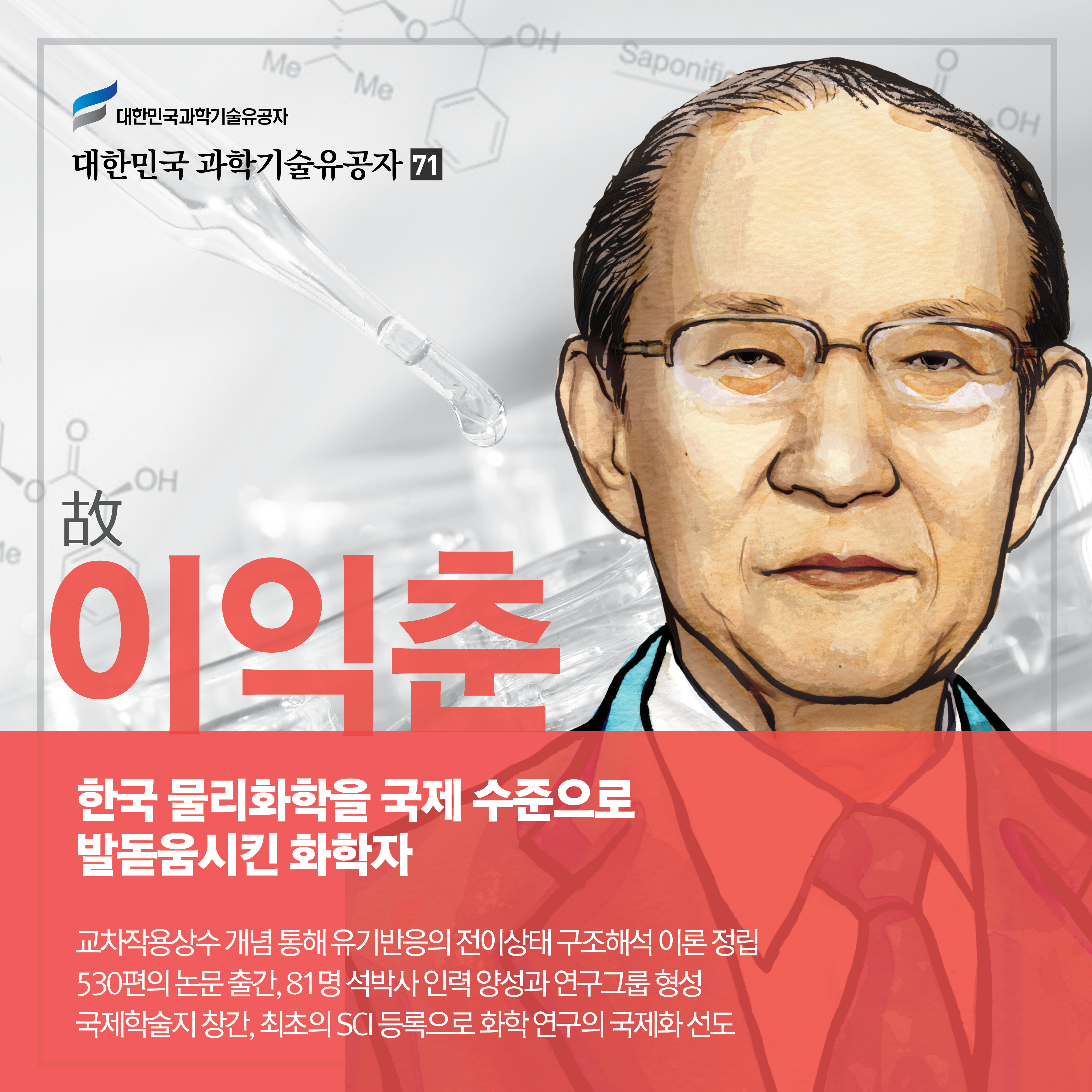 한국 물리화학을 국제 수준으로 발돋움시킨 화학자
故이익춘
교차작용상수 개념 통해 유기반응의 전이상태 구조해석 이론 정립
530편의 논문 출간, 81명 석박사 인력 양성과 연구그룹 형성
국제학술지 창간, 최초의 SCI 등록으로 화학 연구의 국제화 선도