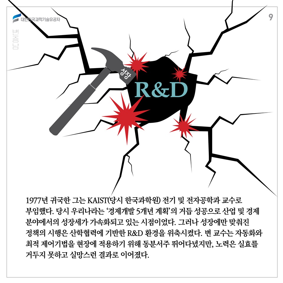 1977년 귀국한 그는 KAIST(당시 한국과학원) 전기 및 전자공학과 교수로 부임했다. 당시 우리나라는 ‘경제개발 5개년 계획’의 거듭 성공으로 산업 및 경제 분야에서의 성장세가 가속화되고 있는 시점이었다. 그러나 성장에만 맞춰진 정책의 시행은 산학협력에 기반한 R&D 환경을 위축시켰다. 변 교수는 자동화와 최적 제어기법을 현장에 적용하기 위해 동분서주 뛰어다녔지만, 노력은 실효를 거두지 못하고 실망스런 결과로 이어졌다. 
