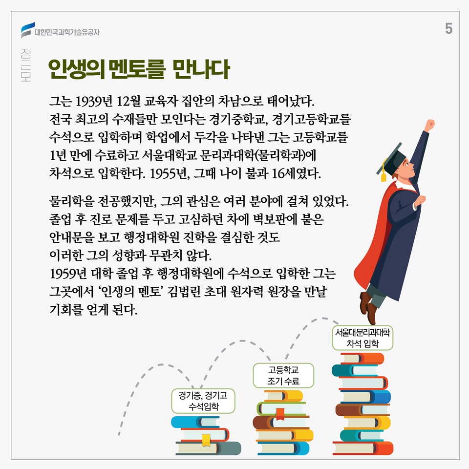 그는 1939년 12월 교육자 집안의 차남으로 태어났다. 전국 최고의 수재들만 모인다는 경기중학교, 경기고등학교를 수석으로 입학하며 학업에서 두각을 나타낸 그는 고등학교를 1년 만에 수료하고 서울대학교 문리과대학(물리학과)에 차석으로 입학한다. 1955년, 그때 나이 불과 16세였다. 
물리학을 전공했지만, 그의 관심은 여러 분야에 걸쳐 있었다. 졸업 후 진로 문제를 두고 고심하던 차에 벽보판에 붙은 안내문을 보고 행정대학원 진학을 결심한 것도 이러한 그의 성향과 무관치 않다. 1959년 대학 졸업 후 행정대학원에 수석으로 입학한 그는 그곳에서 ‘인생의 멘토’ 김법린 초대 원자력 원장을 만날 기회를 얻게 된다. 