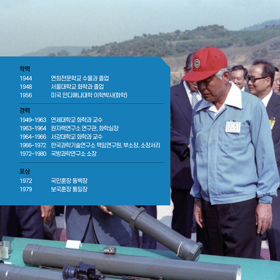 #2. 학력 1944 연희전문학교 수물과 졸업 1948 서울대학교 화학과 졸업 1956 미국 인디애나대학 이학박사(화학) 경력 1949~1963 연세대학교 화학과 교수 1963~1964 원자력연구소 연구관, 화학실장 1964~1966 서강대학교 화학과 교수 1966~1972 한국과학기술연구소 책임연구원, 부소장, 소장서리 1972~1980 국방과학연구소 소장 1981~1989 경희대학교 화학과 교수 포상 1972 국민훈장 동백장 1979 보국훈장 통일장