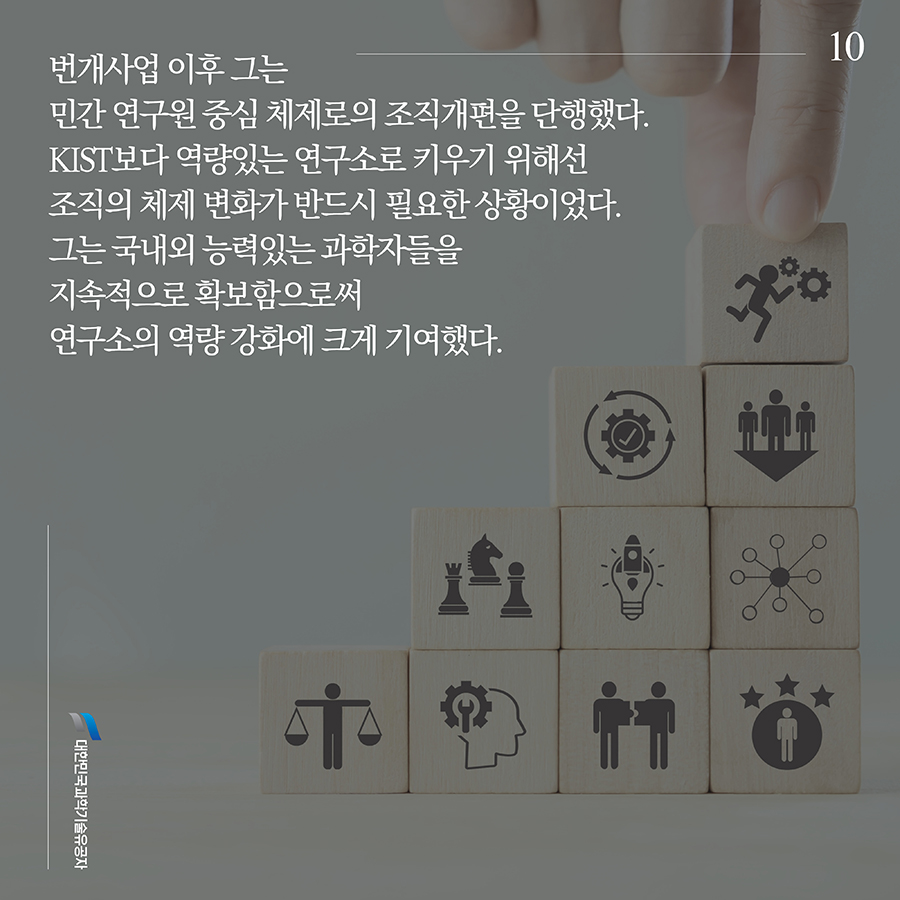 #10. 번개사업 이후 그는 민간 연구원 중심 체제로의 조직개편을 단행했다. KIST보다 역량있는 연구소로 키우기 위해선 조직의 체제 변화가 반드시 필요한 상황이었다. 그는 국내외 능력있는 과학자들을 지속적으로 확보함으로써 연구소의 역량 강화에 크게 기여했다.
