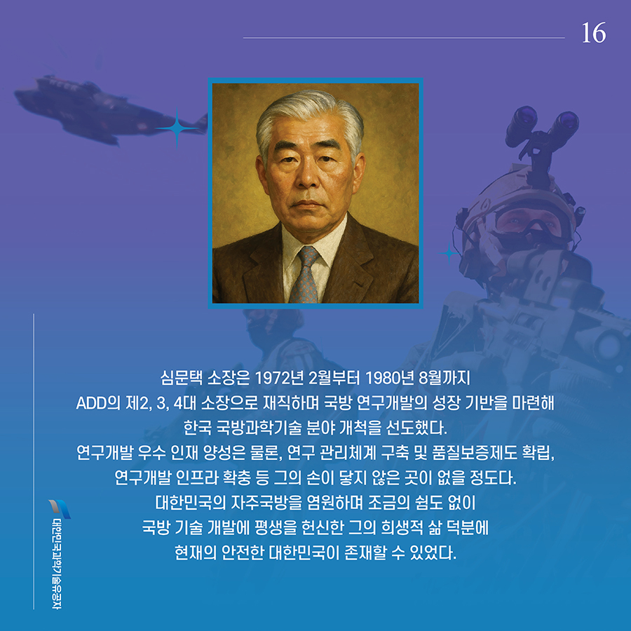 #16. 심문택 소장은 1972년 2월부터 1980년 8월까지 ADD의 제2, 3, 4대 소장으로 재직하며 국방 연구개발의 성장 기반을 마련해 한국 국방과학기술 분야 개척을 선도했다. 연구개발 우수 인재 양성은 물론, 연구 관리체계 구축 및 품질보증제도 확립, 연구개발 인프라 확충 등 그의 손이 닿지 않은 곳이 없을 정도다. 대한민국의 자주국방을 염원하며 조금의 쉼도 없이 국방 기술 개발에 평생을 헌신한 그의 희생적 삶 덕분에 현재의 안전한 대한민국이 존재할 수 있었다.