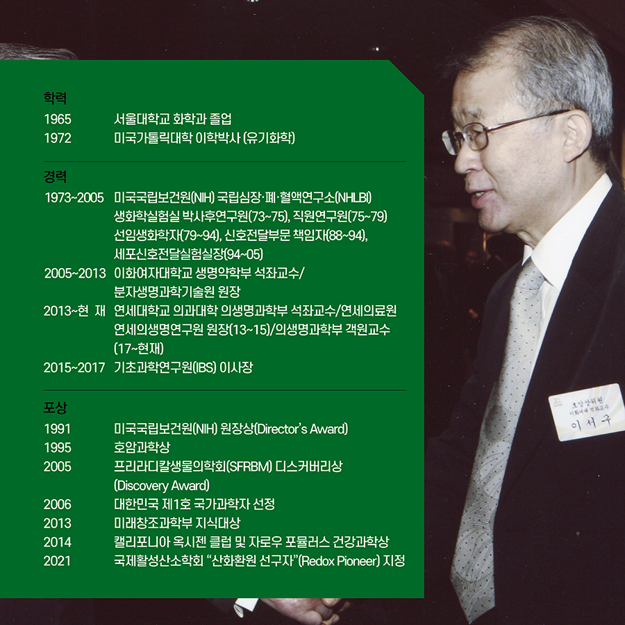 #2. 학력 1965 서울대학교 화학과 졸업 1972 미국가톨릭대학 이학박사 (유기화학) 경력 1973~2005 미국국립보건원(NIH) 국립심장·폐·혈액연구소(NHLBI) 생화학실험실 박사후연구원(73~75), 직원연구원(75~79), 선임생화학자(79~94), 신호전달부문 책임자(88~94),세포신호전달실험실장(94~05) 2005~2013 이화여자대학교 생명약학부 석좌교수/분자생명과학기술원 원장 2013~현재 연세대학교 의과대학 의생명과학부 석좌교수/연세의료원 연세의생명연구원 원장(13~15)/의생명과학부 객원교수(17~현재) 2015~2017 기초과학연구원(IBS) 이사장 포상 1991 미국 국립보건원(NIH) 원장상(Director’s Award) 1995 호암과학상 2005 프리라디칼생물의학회(SFRBM) 디스커버리상(Discovery Award) 2006 대한민국 제1호 국가과학자 선정 2013 미래창조과학부 지식대상 2014 캘리포니아 옥시젠 클럽 및 자로우 포뮬러스 건강과학상 2021 국제활성산소학회 “산화환원 선구자”(Redox Pioneer) 지정